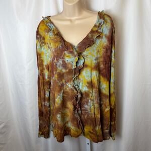 Soft Surroundings Tie Dye Ruffle Top XL Boho Lagenlook Earth Tone Blouse